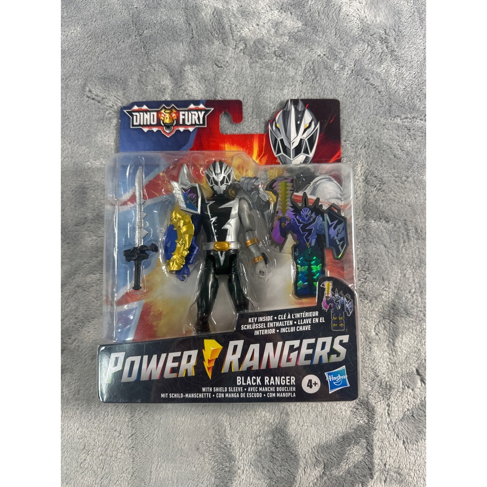 Power Rangers Dino Fury Black Ranger Action Figure with Shield Sleeve Hasbro